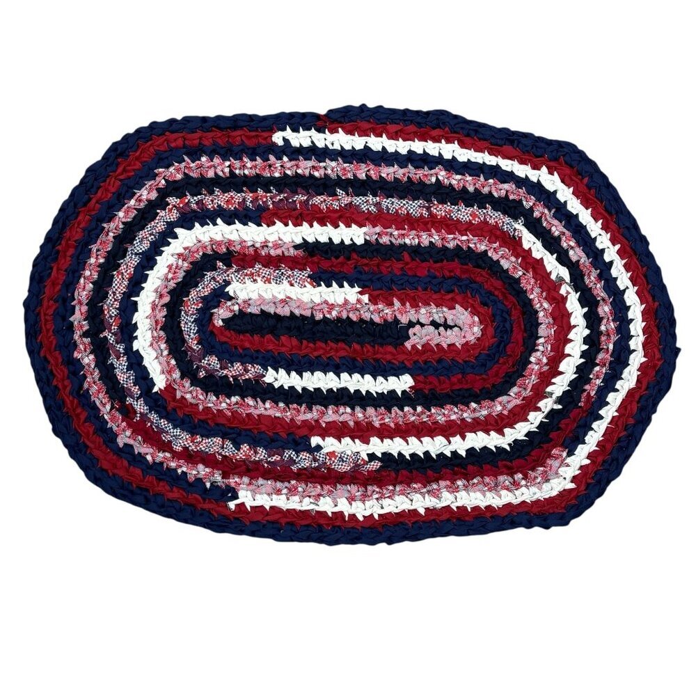 Handmade Knot Rug Oval Rag Rug Red White Blue - Picture 3 of 5